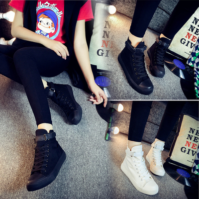 秋季全黑色高帮帆布鞋女韩版学生系带平底板鞋魔术贴休闲运动鞋女