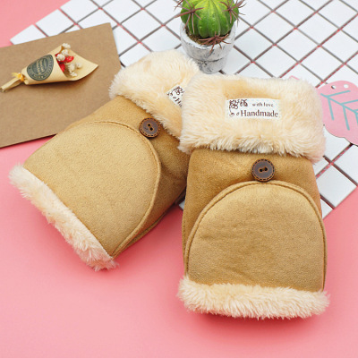 韩版冬季新款麂皮绒手套女冬季学生保暖两用半指 翻盖手套