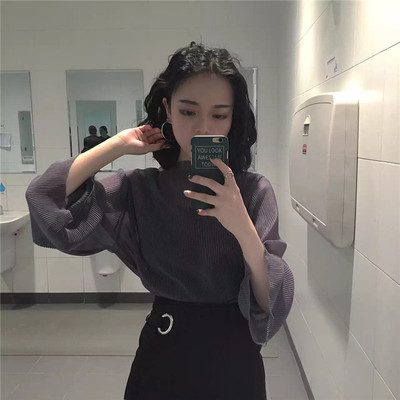 独行少女 夏季韩国时尚透视长袖罩衫雪纺衫上衣+吊带背心两件套