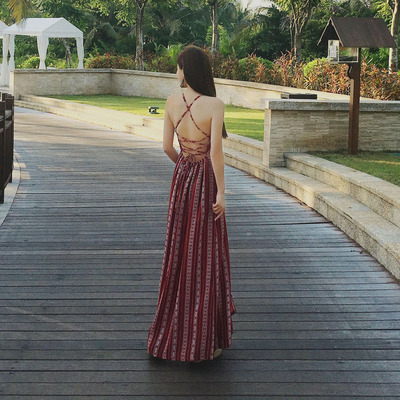 海边度假波西米亚泰国2017新款性感系带吊带连衣裙露背沙滩裙长裙