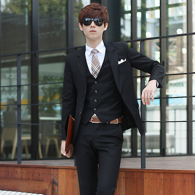 韩版男式西服套装商务职业装修身西装工作服新伴郎结婚礼服三件套