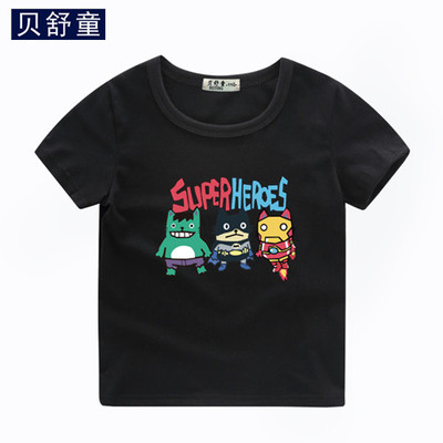 童装黑色t恤2017新款韩版中大童纯棉卡通短袖上衣夏季男童圆领衫