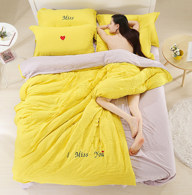 韩版水洗棉纯棉四件套1.5m/2.0超柔软素色全棉被套床单裸睡床品