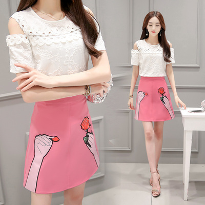 夏季新款韩版短袖蕾丝雪纺衫两件套休闲小香风时尚短裤半身裙套装