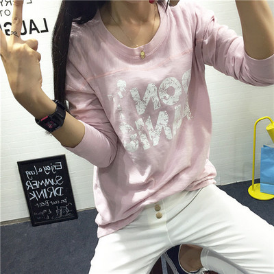 2016秋装韩版女装学生竹节棉打底衫宽松中长款做旧字母长袖T恤衫