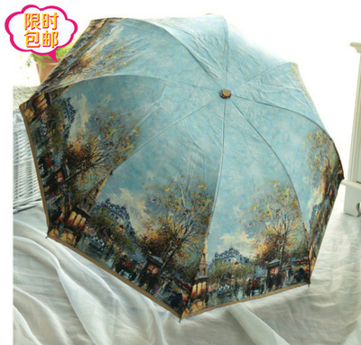 油画晴雨伞折叠超大加固双层户外遮阳伞防紫外线太阳伞女防晒包邮
