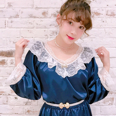 现货Yu.uE in Tokyo 日系 蕾丝绸缎上衣 粉色 蓝色