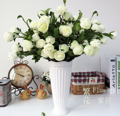 热卖现代简约欧式田园白色陶瓷花瓶仿真花玫瑰套装餐桌客厅摆件