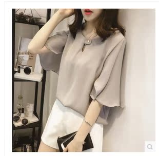 雪纺衫 短袖2016夏季新款韩版女装大码荷叶边t恤圆领上衣打底衫潮