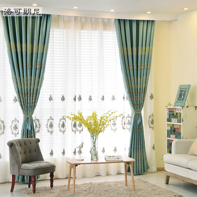 美式植绒田园刺绣花复古蓝绿色欧式客厅加厚全遮光窗帘窗纱定制