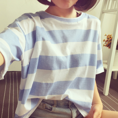 2016夏季韩版宽蓝色条纹t恤女圆领短袖简约百搭学生宽松显瘦上衣