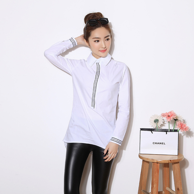 长袖衬衫女2016秋新品韩版范显瘦中长款白衬衣撞色套头打底衫包邮