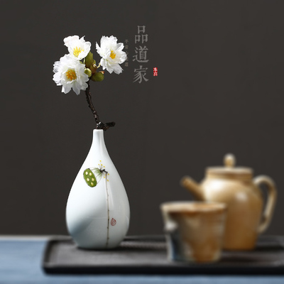 手绘陶瓷花瓶 小号龙泉青瓷复古花器 仿真花插花器 茶台茶席摆件