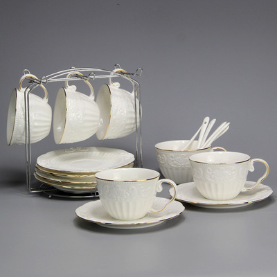高档金边创意骨瓷咖啡杯碟勺架子欧式陶瓷杯咖啡杯套装6件套