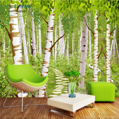 现代简欧3d立体白桦树林电视背景墙壁纸    客厅沙发无缝大型壁画