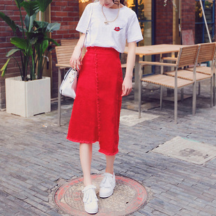 2016韩版春夏装新款不规则个性高腰红色中长款a字女牛仔半身裙子