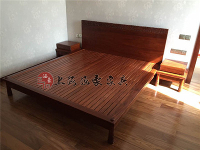 老榆木实木双人大床 雕刻平板床床头柜三件套 新中式 红木双人床