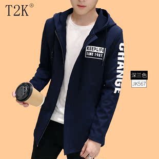 T2K男士外套风衣连帽中长款修身型秋冬季韩版青少年夹克潮男带帽