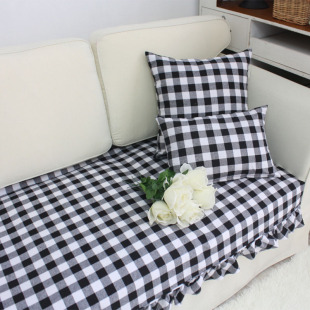 美式乡村沙发套荷叶边布艺沙发罩沙发巾沙发盖布黑白格子定制