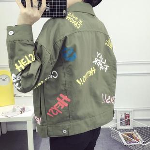 春秋韩版学生bf风短款外套女工装字母印花休闲蝙蝠袖风衣宽松夹克