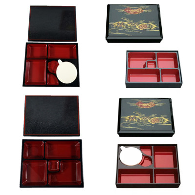日式木纹扇面便当盒定食打包盒高档套餐盒送餐盒寿司盒五格料理盒