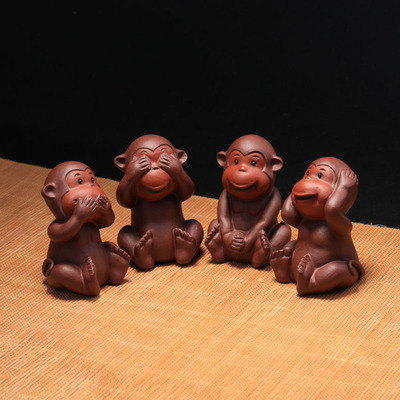 宜兴紫砂茶宠摆件四不猴手工雕塑精品功夫生肖猴茶玩配件猴摆件