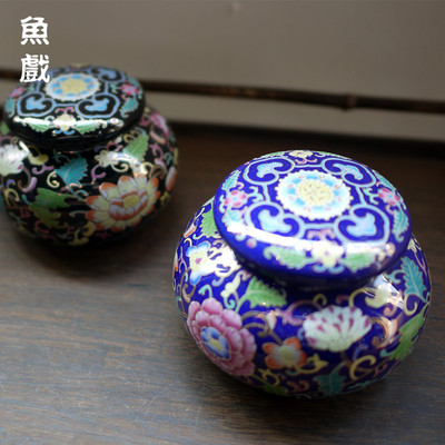 鱼戏 茶叶罐 陶瓷密封罐子 复古便携式 小号茶叶罐