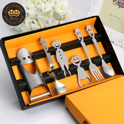 笑脸不锈钢餐具韩国创意礼品叉子勺子筷子六件套学生餐具礼盒套装