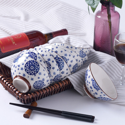 日式创意景德镇餐具陶瓷米饭碗釉下彩蓝菊花5英寸家用碗汤碗套装