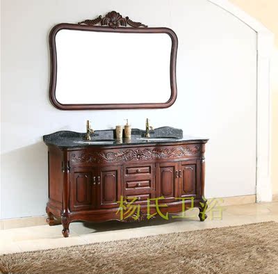 欧式浴室柜橡木仿古卫浴柜实木落地双盆大理石洗漱面手台组合做旧