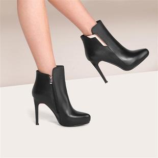 熙漫正品牌女靴子2016冬季黑色真皮性感高跟短靴尖头细跟短筒靴潮