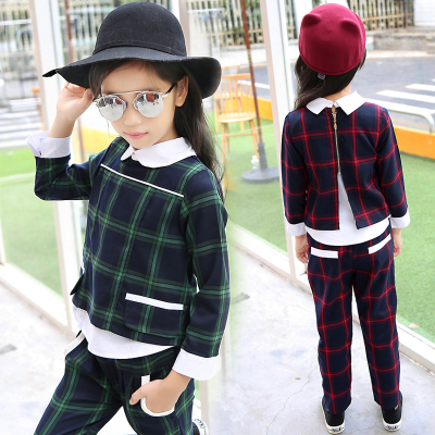 童装女童秋装套装2016新款儿童韩版格子套装中大童女娃娃衫两件套