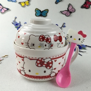 特价日式陶瓷卡通可爱泡面碗大号带碗盖学生餐具饭盒面杯碗勺套装