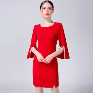 2016秋冬新款女装红色七分袖连衣裙打底裙 修身包臀一步裙小礼服