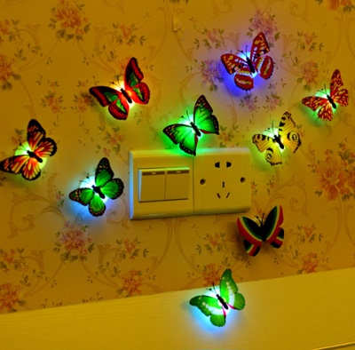 创意七彩发光蝴蝶小夜灯 发光蜻蜓 可粘贴LED装饰墙壁灯厂家批发