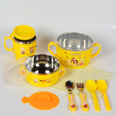 宝宝吃饭碗卡通隔热碗带手柄吸盘碗儿童不锈钢碗防摔防烫餐具