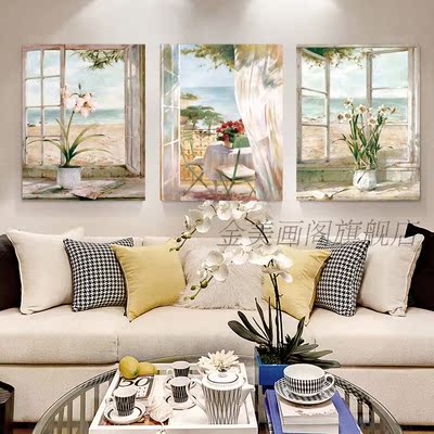 欧式新款装饰画客厅卧室立体中式油画玄关餐厅背景墙窗外有海滩
