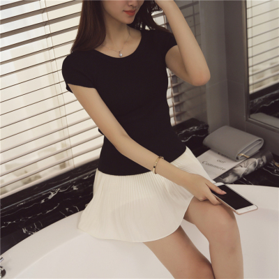 夏季新款韩国低圆领针织短袖T恤女士打底衫百搭修身短款半袖体恤