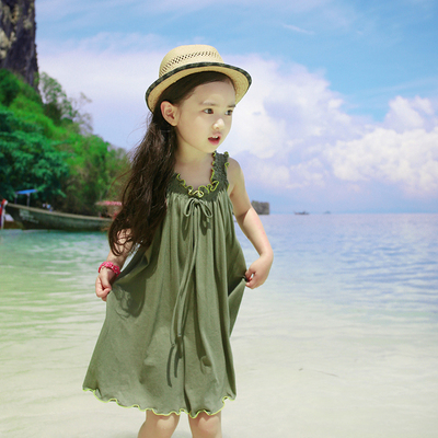 2016韩国夏装新品韩版童装女童裙儿童旅行沙滩背心裙吊带纯色夏裙