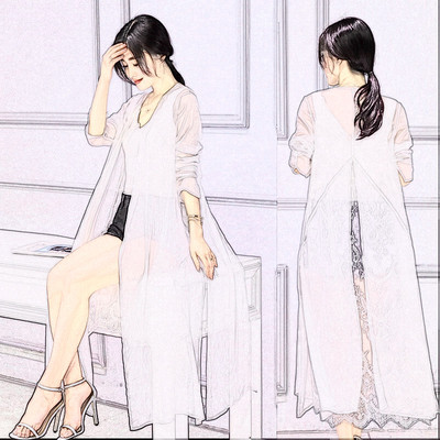 2016新款 韩版 雪纺蕾丝拼接燕尾 雪纺开衫披肩 中长款防晒空调衫