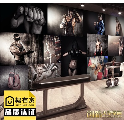 时尚3d拳击型男海报拼图墙纸健身房舞蹈室ktv酒吧主题无纺布壁纸
