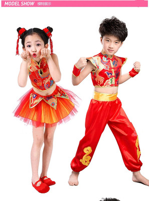 男女童喜庆红色打鼓服 幼儿六一演出服装小学生舞台表演套装
