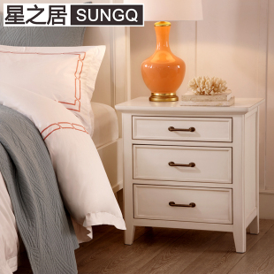 美式乡村床头柜全实木白色现代简约三抽屉床边柜欧式田园卧室家具
