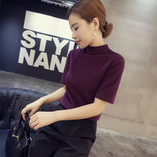 2016秋韩版新品修身半高领五分袖针织衫女套头纯色中袖紧身打底衫