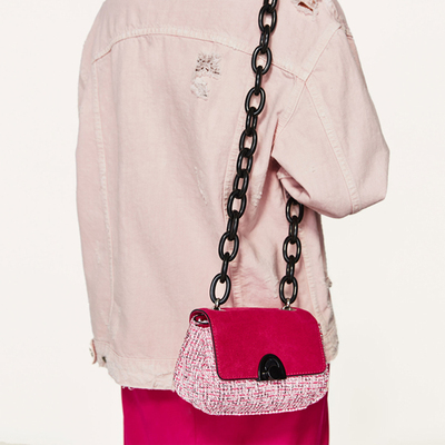 foxbag女包2017春夏新款专柜同款包包套环粗链条粉色单肩斜挎包潮