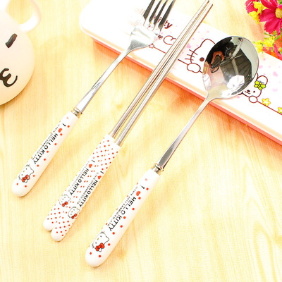 韩国旅行便携式餐具套装韩版可爱儿童筷子叉子勺子三件套