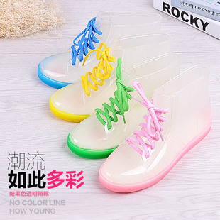韩式春夏时尚中筒雨靴女士防滑胶鞋系带透明水晶雨鞋马丁防水女鞋