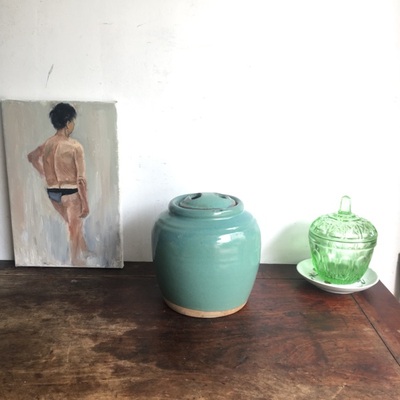 湖蓝釉绿釉陶罐茶叶罐案头收纳罐老物件古董陶瓷新中式摆件