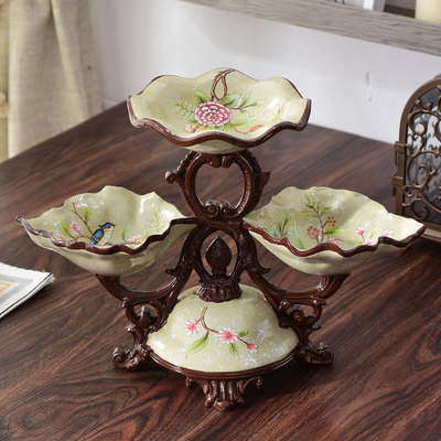 欧式创意三层干果盘复古装饰摆件客厅创意茶几美式水果盘乔迁礼物