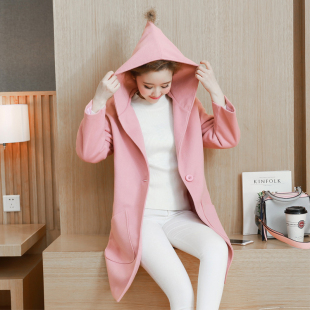 2016韩版秋冬女装学生连帽毛球时尚毛呢外套女中长款粉色呢子大衣